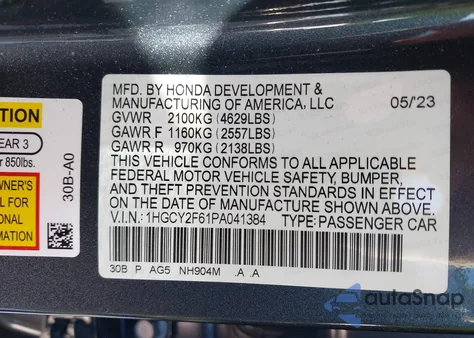 2023 Honda Accord Hybrid Ex-L z USA, uszkodzony, nr VIN 1HGCY2F61PA041384